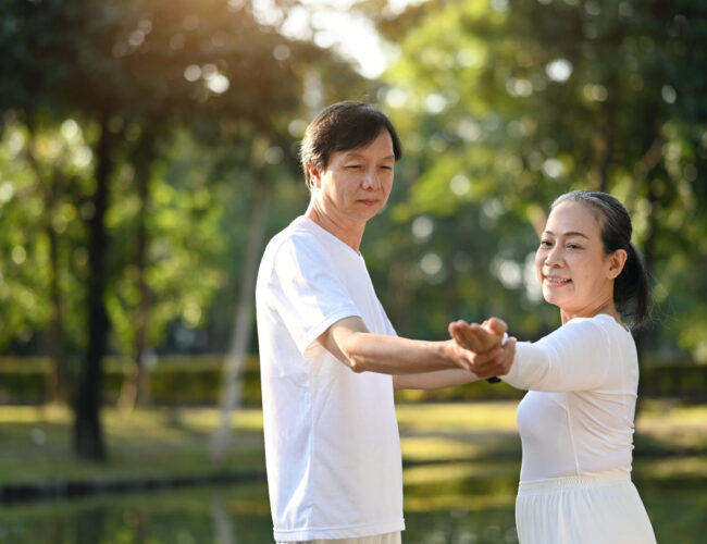 Healthy senior couple practicing Tai Chi Chuan in the morning at the park. Active retirement lifestyle concept